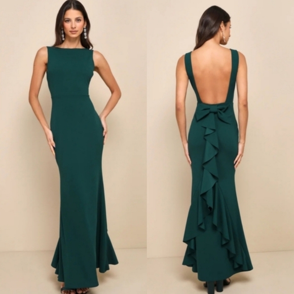 Lulus Exquisite Refinement Emerald Backless Bow Ruffled Maxi Dress S Wedding - Picture 1 of 13